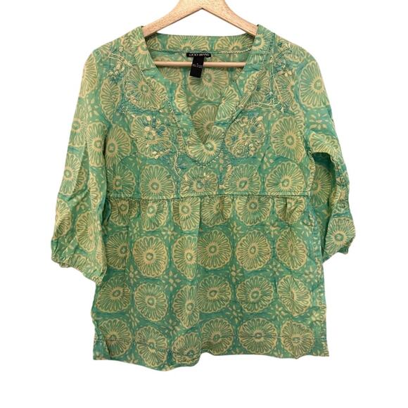 Lucky Brand Floral Embroidered Top Green Blue 3/4 Sleeve Small Cotton - Picture 1 of 5